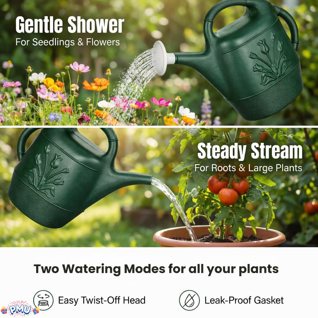 PMU 2 Gallon Watering Can - Garden Watering Can for Indoor & Outdoor Plants - Plastic Water Can with Detachable Sprinkler Head - Large Water Pot, Made in USA - Hunter Green Pkg/1