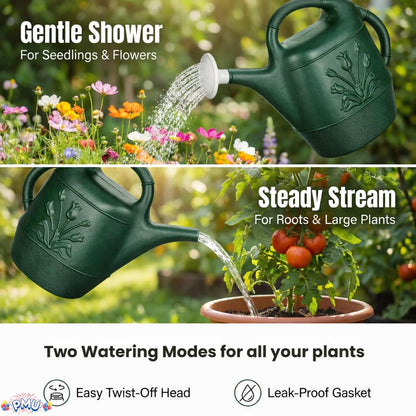 PMU 2 Gallon Watering Can - Garden Watering Can for Indoor & Outdoor Plants - Plastic Water Can with Detachable Sprinkler Head - Large Water Pot, Made in USA - Hunter Green Pkg/1