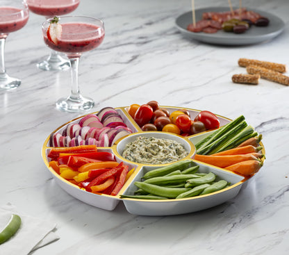 Plasticpro 6 Sectional Round Plastic Serving Tray/Platter (2, White & Gold)