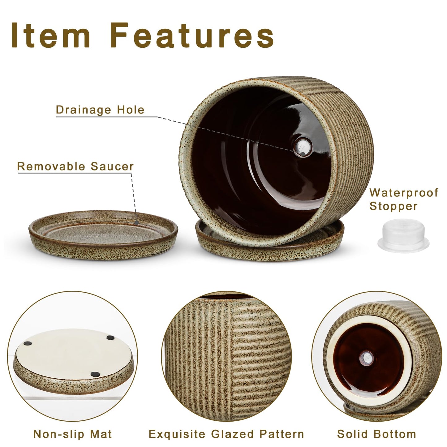 Oairse Ceramic Pots for Indoor Plants, 6.1 +4.9 inch Pots for Plants Set of 2 Brown Plant Pots with Drainage Holes and Saucers Texture Ceramic Planters Indoor Outdoor Flower Pot for Succulent