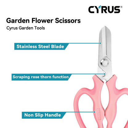 CYRUS Garden Shears Pruner Secateurs 7.5" Pruning Scissors with Integrated Stab Remover Flower Sharp Gardening hand tools Florist Bonsai Cutters Rose Snips Pink