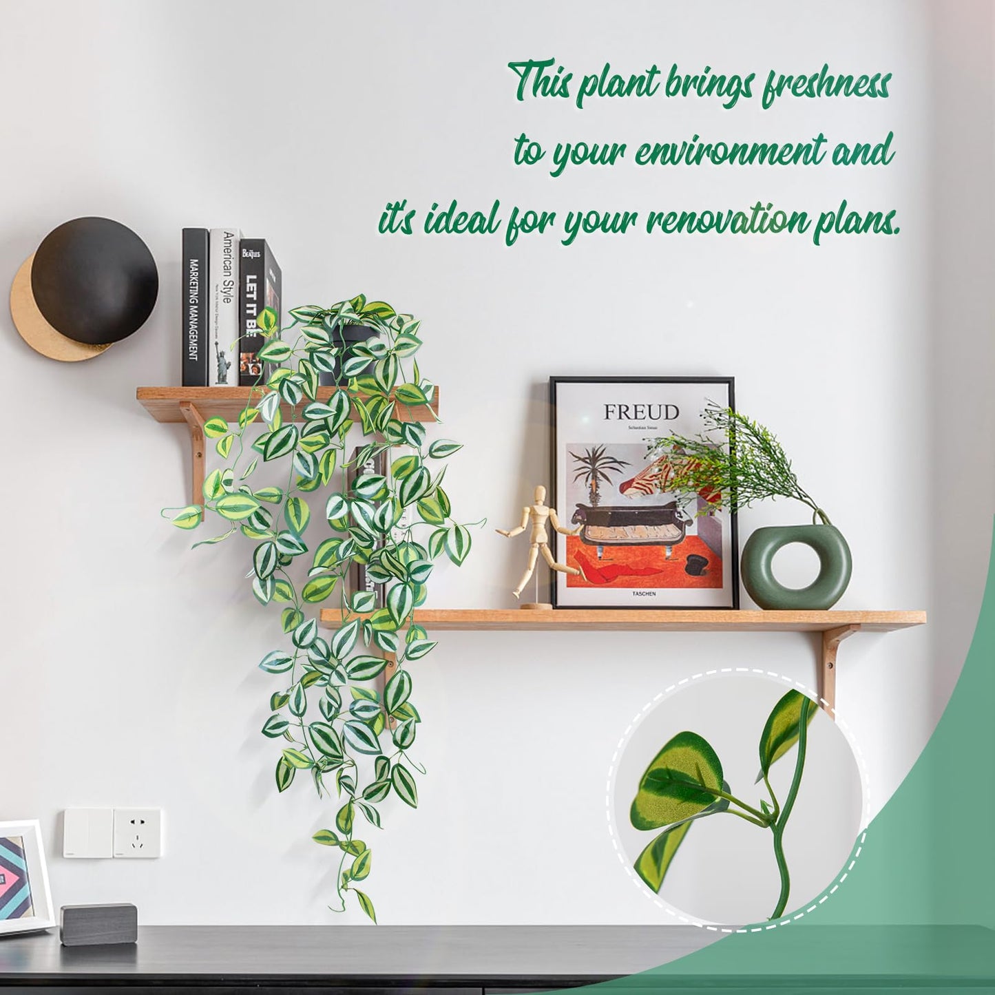 LOYWREE 2 Pack Fake Hanging Plants - Small Potted Plants with Green Eyebrow-Leaf Trailing Vines, Indoor Outdoor Aesthetic Decor for Office, Living Room Shelf & Home Accent (Black Pot)