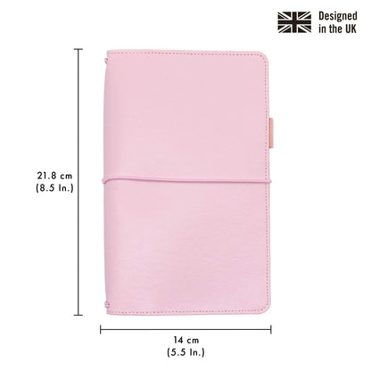 Pukka Pad, Carpe Diem Refillable Traveler’s Notebook Cover – Faux Leather Portfolio with Blank and Lined Notepads – Includes 6 Pockets, Pen Loop, and Elastic Closure – 8.5 x 5.5 Inches, Ballerina Pink