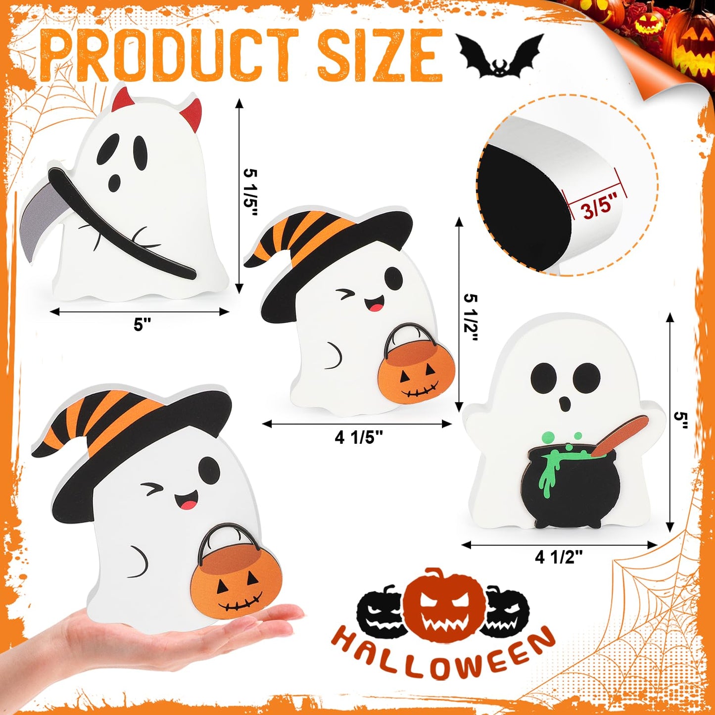 COCHIE Cute Ghost Halloween Decorations Indoor, Wooden Tiered Tray Decor Table Sign Set of 3, Black Cat Bat Witch Broom Signs Pumpkin Blocks for Party Home Shelf Display (C-Ghost)