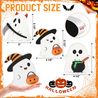 COCHIE Cute Ghost Halloween Decorations Indoor, Wooden Tiered Tray Decor Table Sign Set of 3, Black Cat Bat Witch Broom Signs Pumpkin Blocks for Party Home Shelf Display (C-Ghost)