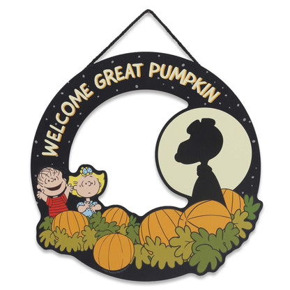 Peanuts Welcome Great Pumpkin Wreath Hanging Wood Wall Decor - Fun Peanuts Sign for Fall and Halloween Decorating