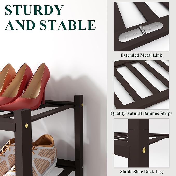 Smiry Long Bamboo Shoe Rack, 4 Tier Free Standing Wooden Shoe Organizer, Stackable Wood Shoe Storage Shelf for Closet, Entryway, 12 Vertical Slats, 2+2 Stack Standard Legs, 33.7"x11"x26", Brown