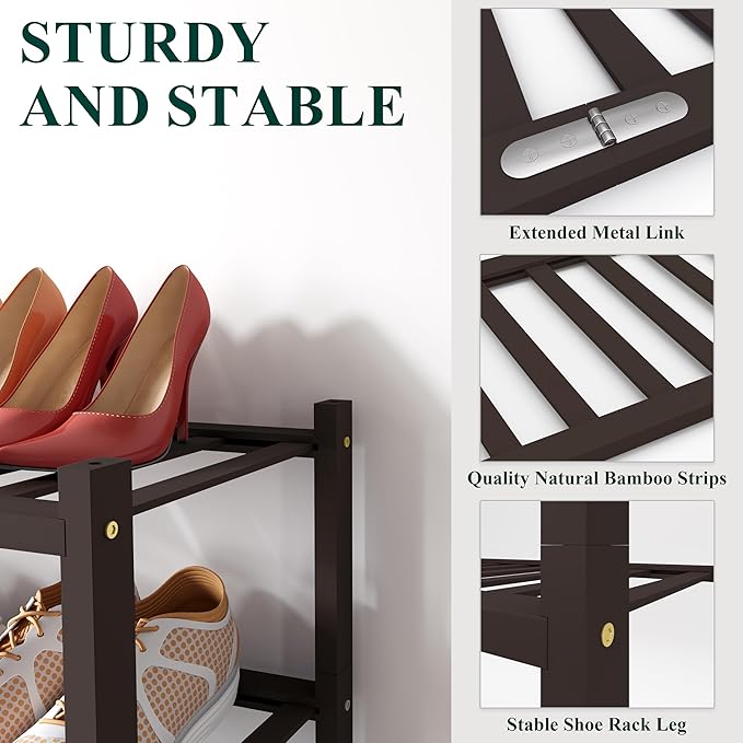 Smiry Bamboo Shoe Rack, 2 Tier Free Standing Wooden Shoe Organizer, Stackable Wood Shoe Storage Shelf for Closet, Entryway, 12 Vertical Slats, One-piece Standard Legs, 26.8"x11"x13", Brown