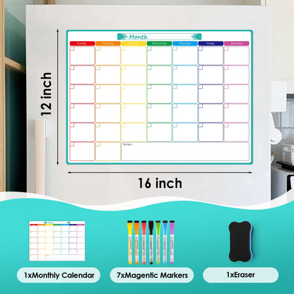 MaxGear Monthly Magnetic Calendar for Fridge, 16" X 12" Fridge Calendar Whiteboard, Reusable Magnetic Dry Erase Calendar White Board Planner for Refrigerator with 7 Fine Point Markers, 1 Eraser