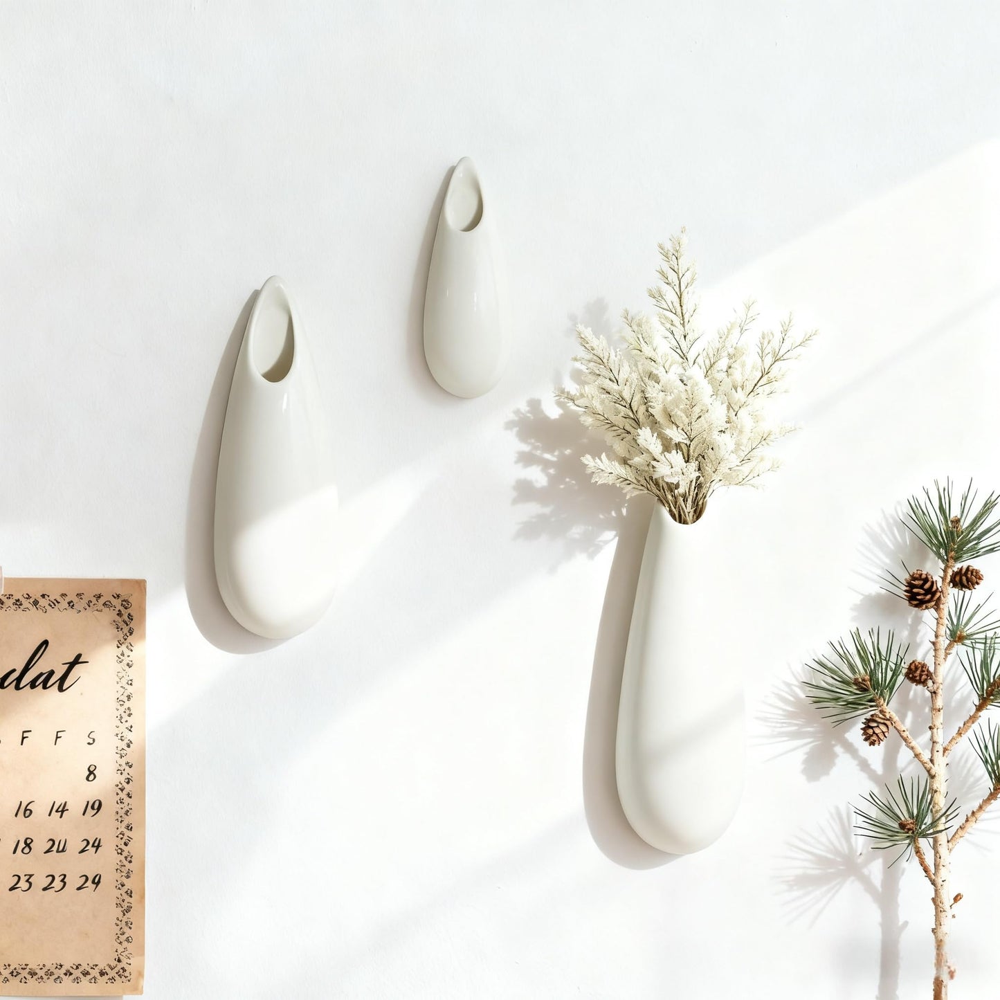 3 Pack White Ceramic Wall Vases,11.8+7.9+5.9 Inch White Vases, Cubicle Modern Decor Plant Holder Vase for Indoor Plants,Air Plants Holders,Office Minimalist Wall Decor