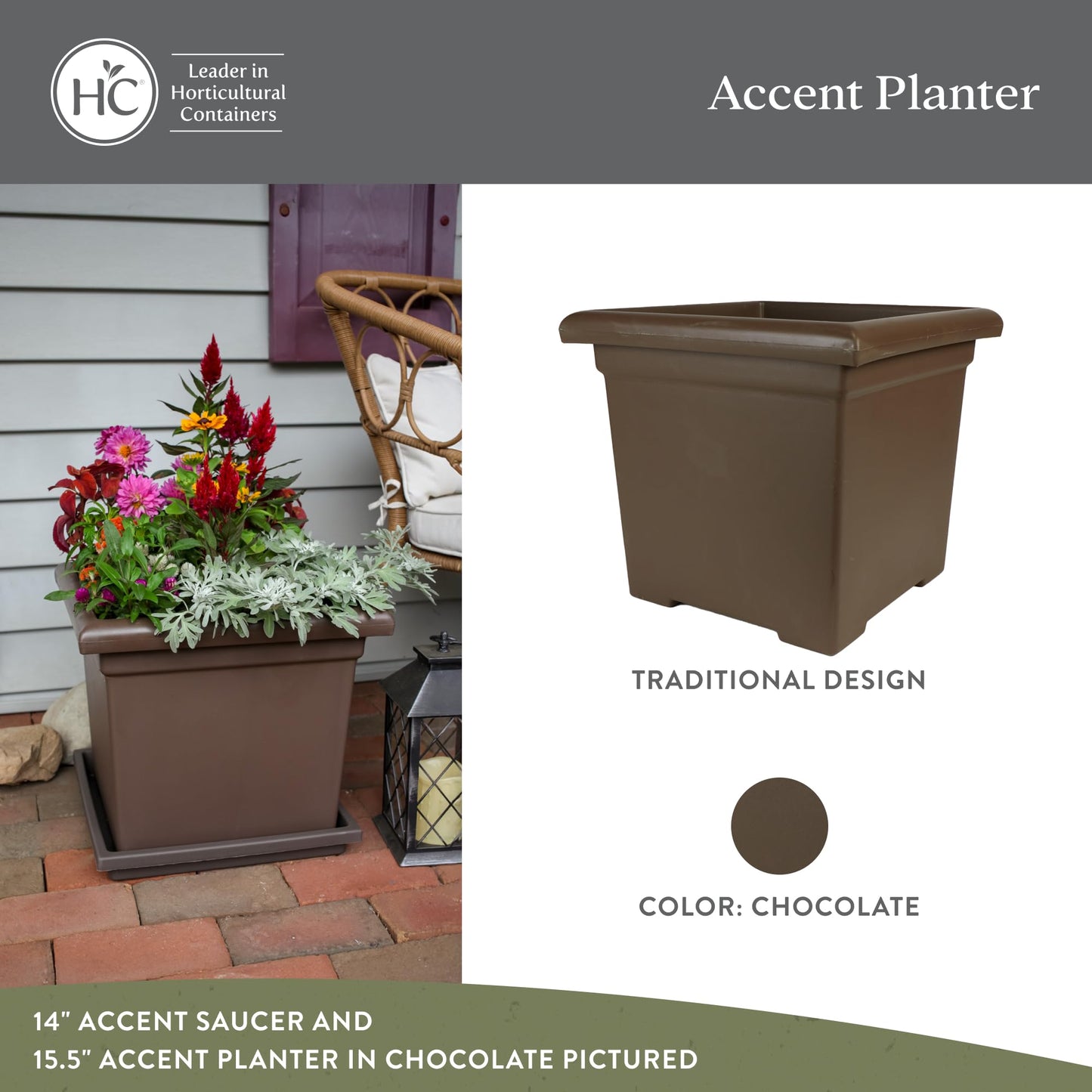 The HC Companies 15.5 Inch Accent Square Plant Pots with Drainage, Lightweight UV-Resistant Plastic Planters for Indoor & Outdoor Plants, 2-Pack Flower Pots for Garden, Office & Home Decor, Chocolate
