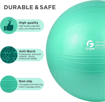 Gruper Yoga Ball, Multiple Sizes Non Slip Exercise Ball for Workout, Birthing, Balance, Stability, Pregnancy, 2200LB Capacity, Anti Burst Chair for Home and Office, Includes Quick Pump & Fitness Guide