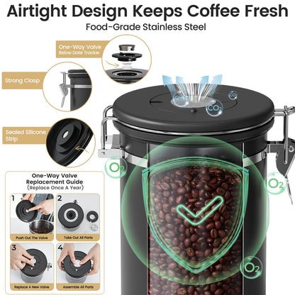 Veken Coffee Canister with Window,Airtight Stainless Steel Pantry Container,Kitchen Food Storage Organizers for Beans,Ground,Espresso,Rice,Tea,Sugar, Cereal, Bar Accessories,Gifts,Lids,Jars,22OZ,Black