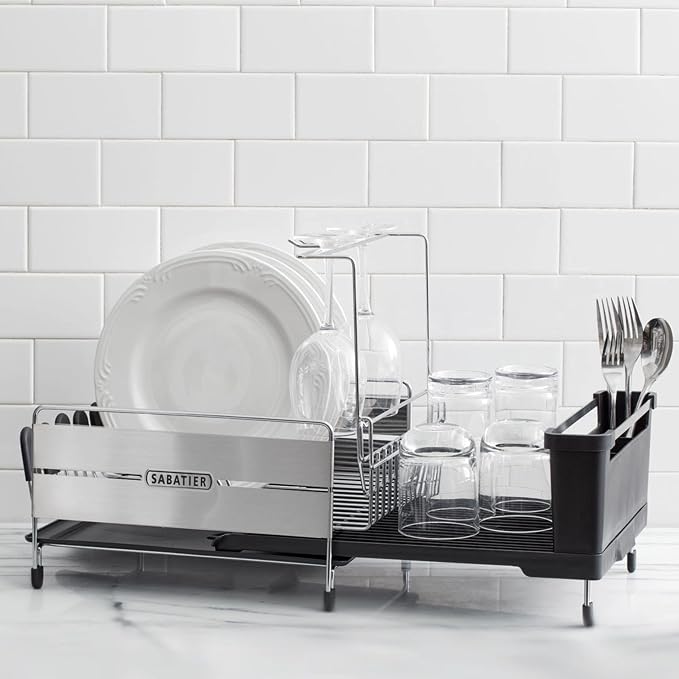 Sabatier Expandable Dish Drying Rack with Drainboard - Stainless Steel Dish Rack for Kitchen Counter, Stemware Holder and Utensil Caddy Included