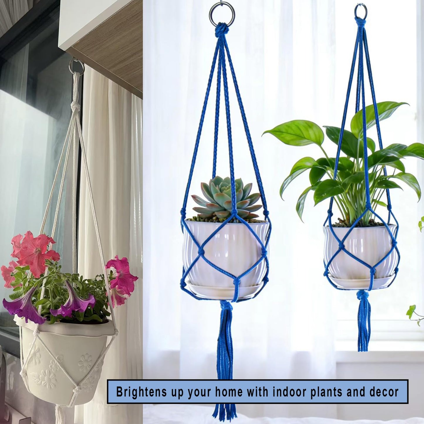 Markeny Macrame Plant Hanger, 4 Pieces Colourful Large Macrame Rope Hangers for Garden Patio Home Decor