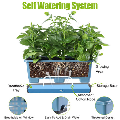 Oliz Window Box Planter 8 Pcs, 17 Inches Rectangle Flower Pots with Drainage Holes and Trays, Vegetable Planters for Windowsill Patio Garden Balcony Home Porch Yard Indoor Outdoor (Blue)