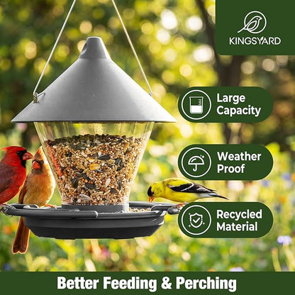 Kingsyard Wild Bird Feeder for Outdoors Hanging, No-Waste Tray with Seed Guard & Circular Perch, Garden Yard for Cardinal Finch, 4 lb Large Capacity, Grey