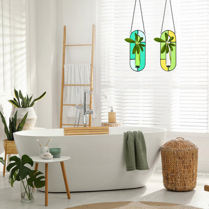 Yiyiring 2 Sets Stained Glass Window Hanging Propagation Window Propagation Stations Planters with Glass Tubes and Chain Terrarium Wall Plant Holder Decor for Living Room