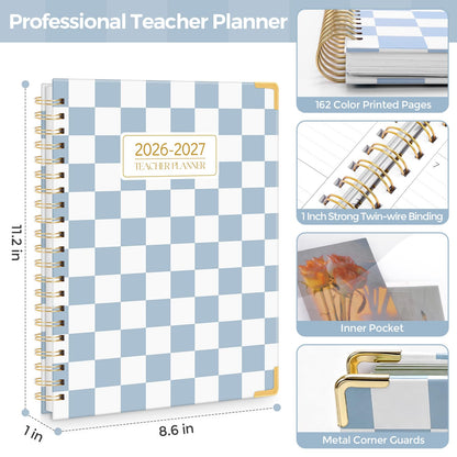 SKYDUE Teacher Planner 2026-2027 Academic Year, 8.5" x 11" Deluxe Teacher Lesson Planner with Monthly Tabs & Stickers, Lesson Plan Book 26-27, Grid