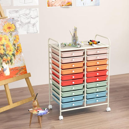 COSTWAY 20-Drawer Rolling Storage Cart, Multipurpose Storage Trolley on Wheels for Home Office, School, Macaron