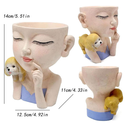 Face Planters Pots Cute Closed Eyes Girl and Dog Succulent Planter Unique Head Planter for Outdoor Indoor Planter Female Bust Vase - with Drainage Hole