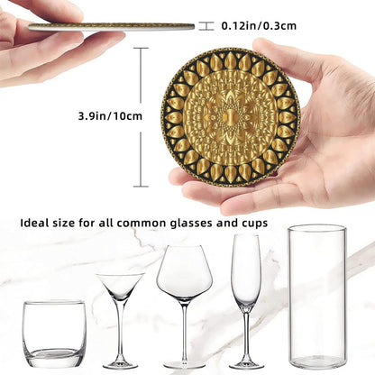 BOXIMIAO Drink Coasters with Holder Stand Set of 6, Pu Leather Absorbent Coasters with Cork Base Table Coaster Round Coasters for Housewarming Apartment Kitchen Bar Decor Mandala Art Floral Gold