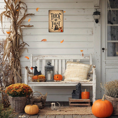 Trick or Treat Halloween Scarecrow Pumpkin Retro Metal Tin Sign Wall Art Decor for Front Door Home Farmhouse Halloween Party Indoor Outdoor 8x12 Inch