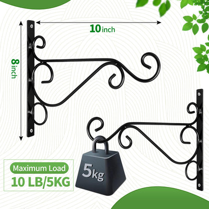 Preimum Black Plant Wall Mount Hanging Brackets Hooks Plant Basket Hanger Holder 10 Inches Indoor Outdoor Metal Brackets with Screws Garden Baskets Hanging Planters Lantern Wind Chimes(2PACK)