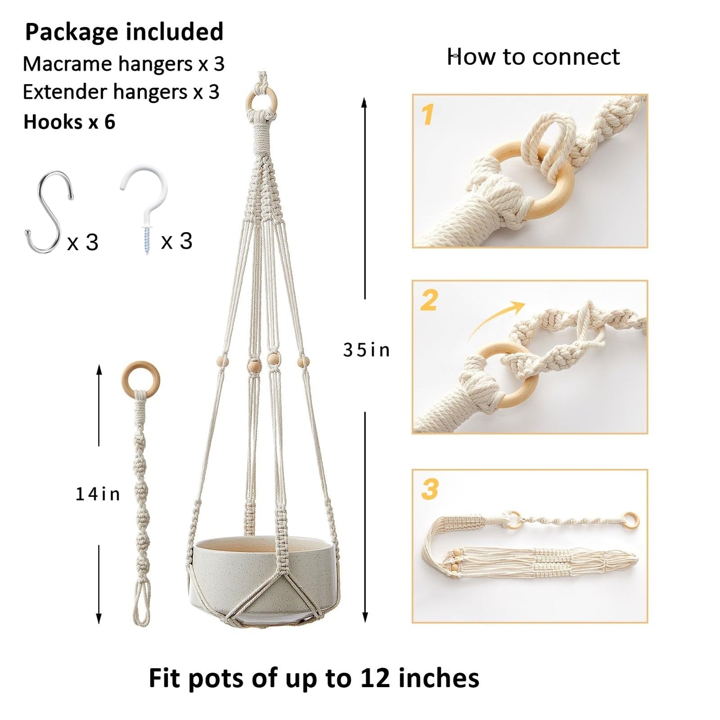 CADNLY Macrame Plant Hangers Indoor – Rope Hanging Plant Holder with Extender - Boho Hanging Planters Indoor - White Macrame Hanger Outdoor Flower Pot Holder from Ceiling Wall 3 Pack 6 Hooks