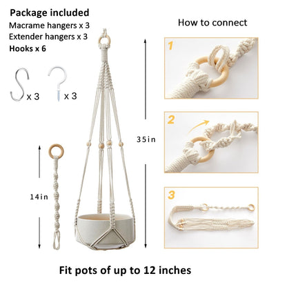 CADNLY Macrame Plant Hangers Indoor – Rope Hanging Plant Holder with Extender - Boho Hanging Planters Indoor - White Macrame Hanger Outdoor Flower Pot Holder from Ceiling Wall 3 Pack 6 Hooks