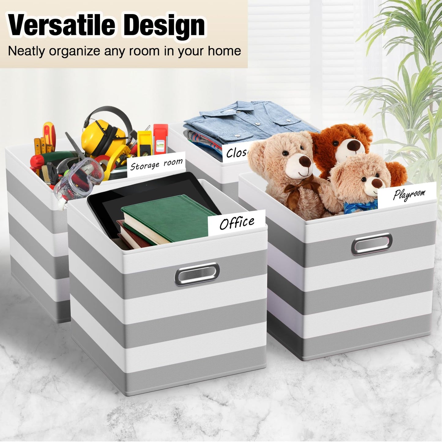CroBlissful 6 Pcs 11 Inch Fabric Storage Cubes with Metal Handle Back to School Classroom Supplies Grey and White Striped Style Collapsible Bins Organizer for School Nursery Shelves Clothes Gift