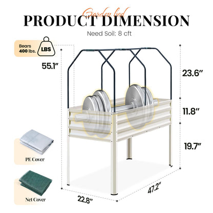 KING BIRD Raised Garden Bed with Cover & Netting Galvanized Elevated Large Planter Box with Legs for Backyard, Patio, Balcony, 400lb Capacity, Beige, 48×24×56 in