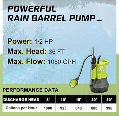 FLUENTPOWER 1/2HP Rain Barrel Pump, 1050GPH Submersible Water Pump with Float Switch and 26ft Cable, Drainage Water from Hot Tub Cellars Rain Barrel Ponds Pools
