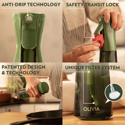 OLIVIA SIGNATURE Advanced Kitchen Oil Sprayer with Flairosol Technology, Fine Mist & Portion Control, Refillable Glass Olive Oil Cooking Spray Bottle for Air Fryer, Salad, BBQ, 200ml (Green, Gold)