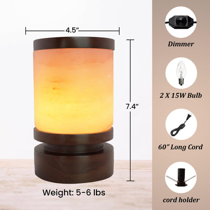POHS Himalayan Pink Salt Round Lamp with Premium Brown Polished Wooden Base, 60'' Long Dimmer Switch Cord and Two Light Bulbs; Hand Crafted,for Home, Office and Gift for Christmas