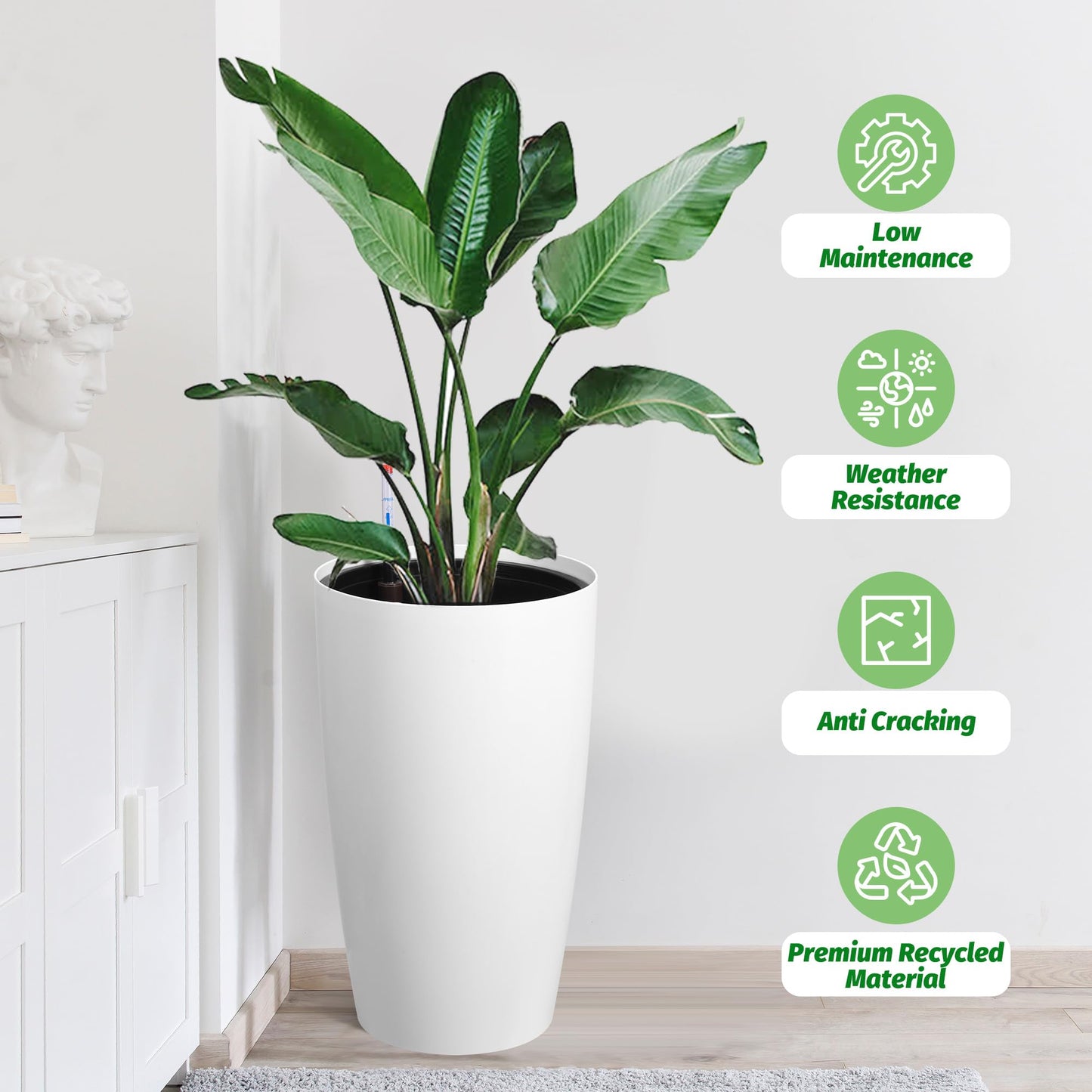 GarveeLife Set of 2 Tall Planters for Outdoor Plants, 22 in Large Planters for Outdoor Indoor Plants with Water Level Monitor ＆ Inner Bucket, Automatic Watering, for Porch, Patio, Backyard, White