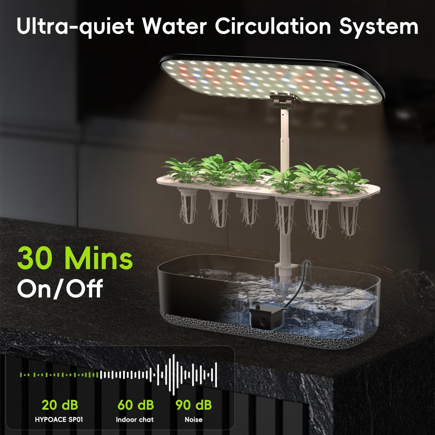 Hydroponics Growing System with LED Grow Light, 14 Pods Indoor Herb Garden Full Spectrum Rotatable Light Panel, Auto On Off Timing 12 14 16Hrs, 5L Water Tank, Harvest Fresh Basil Tomato (Black)