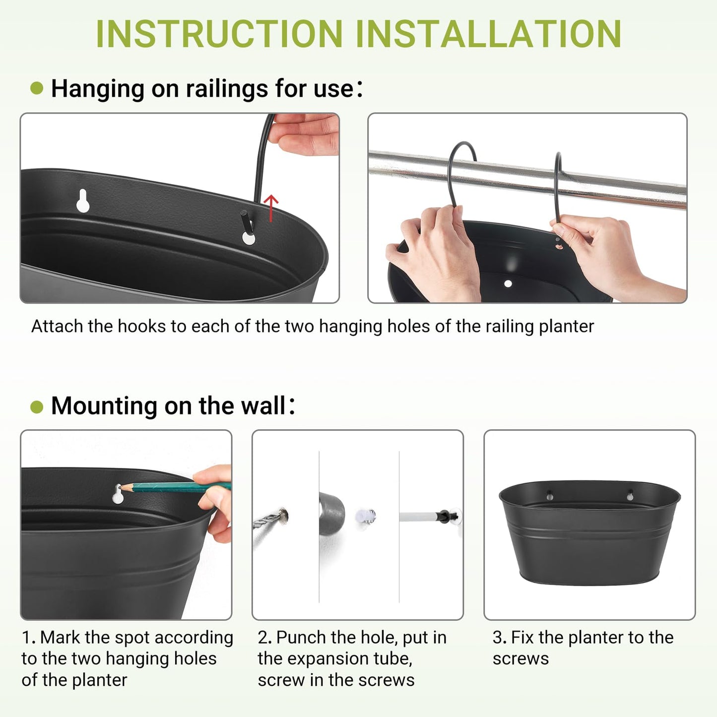 Dahey 3 Pcs 10.5 Inch Hanging Flower Pots for Railing Fence Metal Wall Planters for Indoor Plants Outdoor Countryside Window Flower Holder with Hooks Drainage Holes for Garden Yard Home Decor, Black