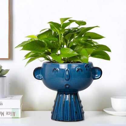Fivepot Head Planter Pot - 7 Inch Cute Face Planter for Indoor Outdoor Plants Ceramic Succulent Pot Round Flower Pot Present for Mother Christmas with Drainage Hole Blue