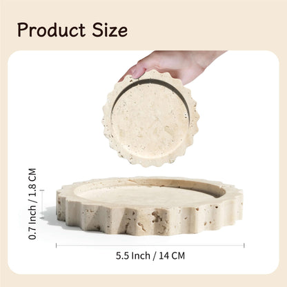 seicasaya 5.5 Inch Small Scallop Edge Tray, Hand-Carved Natural Stone Jewelry Holder, Travertine & Marble Vanity Tray for Rings, Candles, or Keys (Travertine)