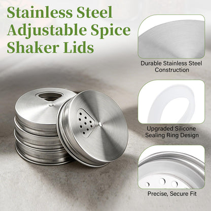 4-Pack Stainless Steel Adjustable Spice Shaker Lids for Regular Mouth Mason Jars, with 4 Bonus Silicone Sealing Rings – Dual Shaker/Pour Tops for Seasoning, Salt & Pepper Storage