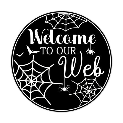Generic Welcome To Our Web Round Aluminum Sign Halloween Metal Tin Signs Autumn Witch Ghost Pumpkin Wall Decor Sign For Home Kitchen Cafe 8x8 Inch