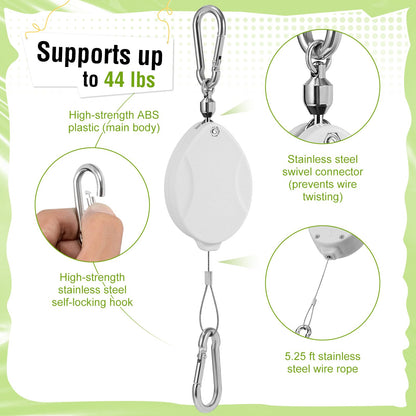 Plant Pulleys for Hanging Plants, Heavy Duty Retractable Hangers, 304 Stainless Steel Rope, Auto Plant Holder, Adjustable Climbing Hook for Garden Baskets Watering, or Bird Feeders 2PC (White)