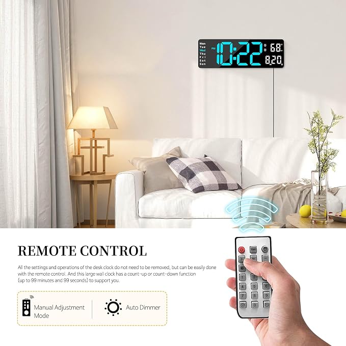 Digital Clock, Digital Wall Clock for Living Room Decor, Desk Alarm Clock for Bedroom, Large Wall Clock with Remote Control, Automatic Brightness Dimmer LED Clock with Date Temperature Week (Blue-B)