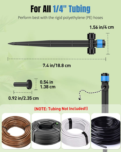 Pawfly 30 Pcs Push-to-Fit Drip Irrigation Emitters for 1/4 Inch Tubing, Two-Way Connection Irrigation Drippers with Adjustable 360 Degree Water Flow, Drip Emitters Sprayers with Stake & End Plugs