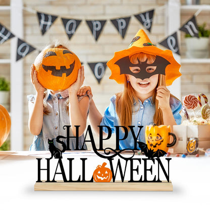 COCHIE Metal Happy Halloween Sign, Black Halloween Decorations for Home, Office, Shelf, Mantel, Indoor, Jack-o-lantern Decoration, Spooky Cat Bat Decor (Halloween)