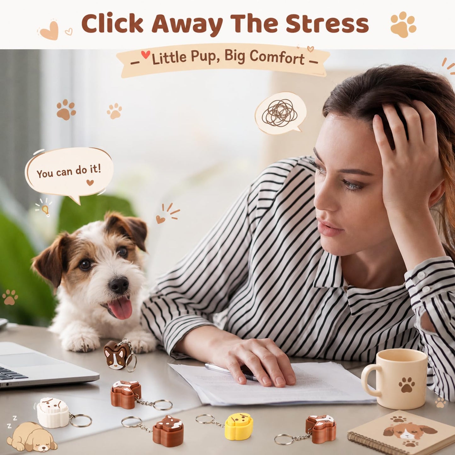 Gerrii 24 Sets Colourful Dog 3D Fidget Keychains with Inspirational Cards Bulk 3D Press Stress Relief Sensory Keychain Gifts Employee Appreciation Positive Gifts for Coworkers Teacher