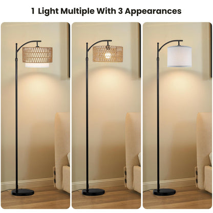 Yusist Arc Floor Lamp for Living Room,Farmhouse Floor Lamps with Remote Control & Dimmable Bulb,Rattan Boho Tall Standing Lamp for Bedroom Office