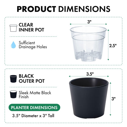 Phoenix Vine 3.5 Inch Black Plastic Cachepot with Clear Nursery Pot, Decorative Lightweight Planter Cover with Transparent Inner Pot for Indoor Houseplants, Pack of 6, 24-A-E-6