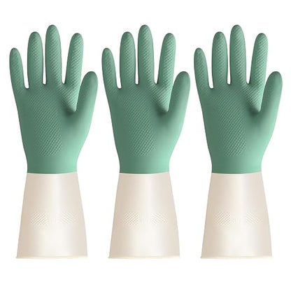 BOOMJOY Latex Cleaning Gloves, Heavy Duty Dishwashing Gloves, Reusable Medium Gloves for Kitchen, Bathroom, Gardening, Working, Pet Care - Green-Beige, 3 Pairs, Size M